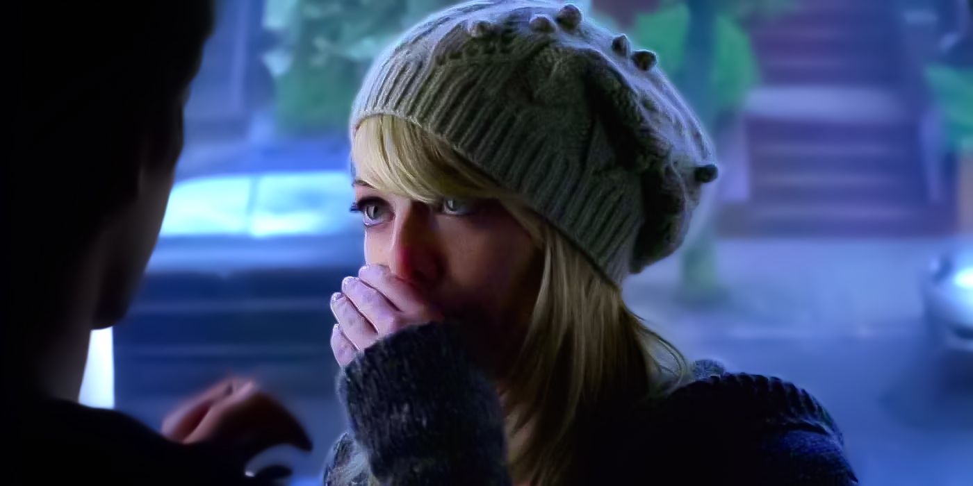 Emma Stone as Gwen Stacy covering her mouth in The Amazing Spider-Man