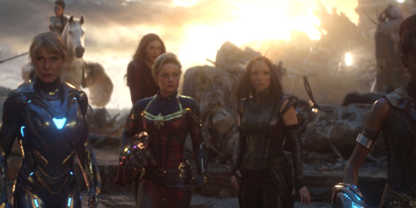 Pepper Potts, Valkyrie, Scarlet Witch, Captain Marvel, Mantis, and Shuri join forces during the Battle of Earth in Avengers: Endgame