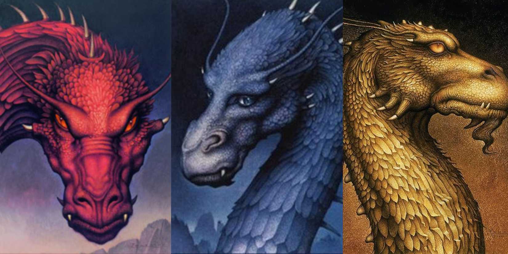 Side by side images of the dragons on the Eragon book covers