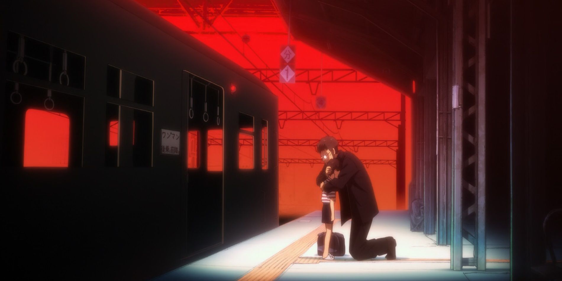 Gendo abraça Shinji em uma estação de trem durante Thrice Upon a Time.