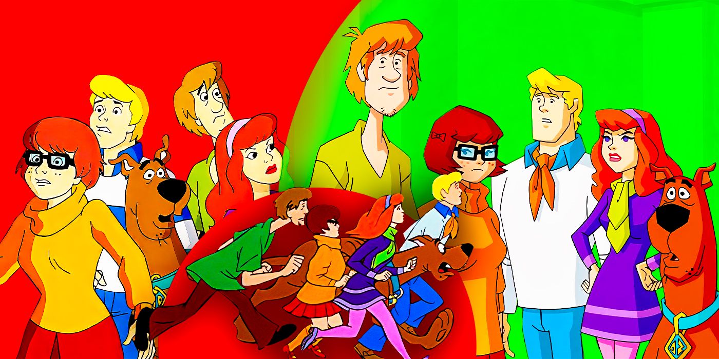 A composite image of three different versions of Mystery Inc and Scooby Doo in the animated series
