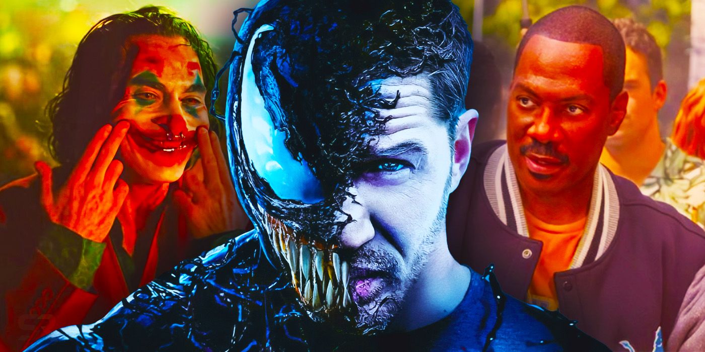 Image of Tom Hardy as Eddie Brock with Venom half covering his face, background features Joaquin Phoenix as Arthur Fleck in full Joker make-up and Eddie Murphy as Axel Foley in Beverly Hills Cop: Axel F