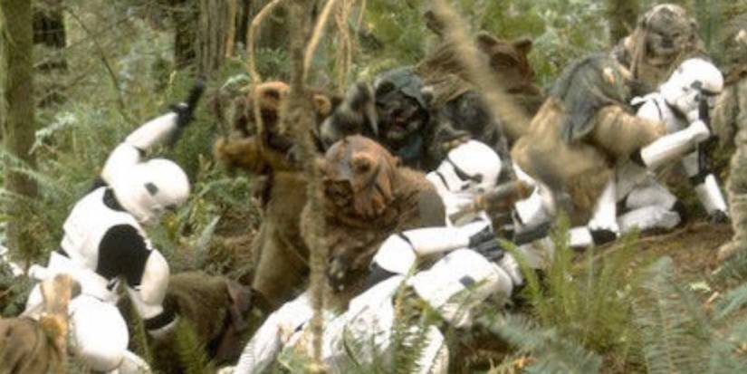 Ewoks fighting stormtroopers in the Battle of Endor in Return of the Jedi.