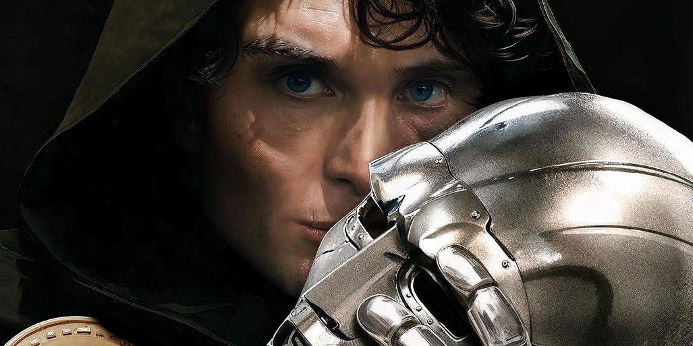 Fan art of Cillian Murphy as Doctor Doom with his mask in his hands and shrouded in darkness