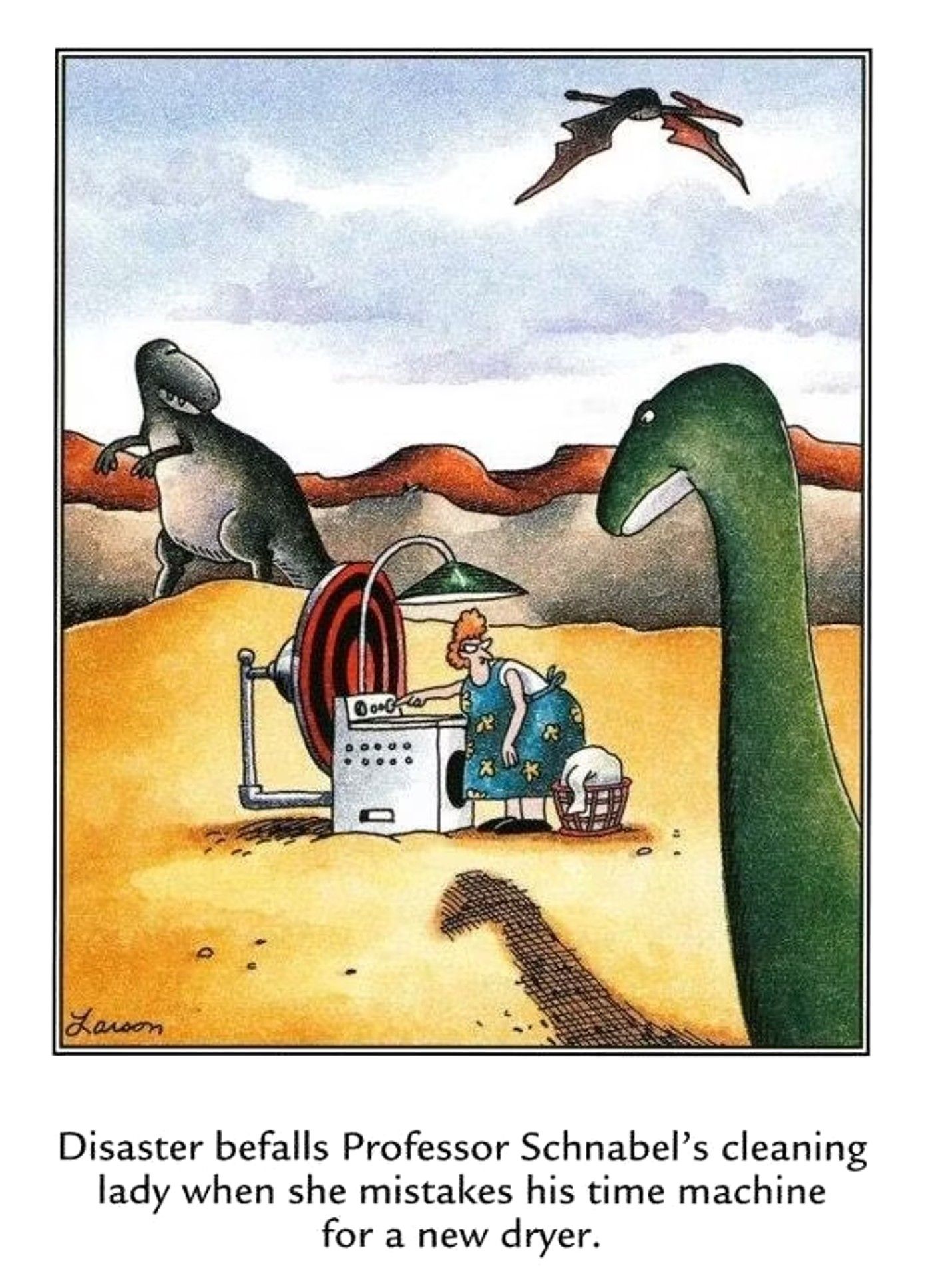 far side comic where cleaning lady goes back in time and is eaten by dinosaurs 2