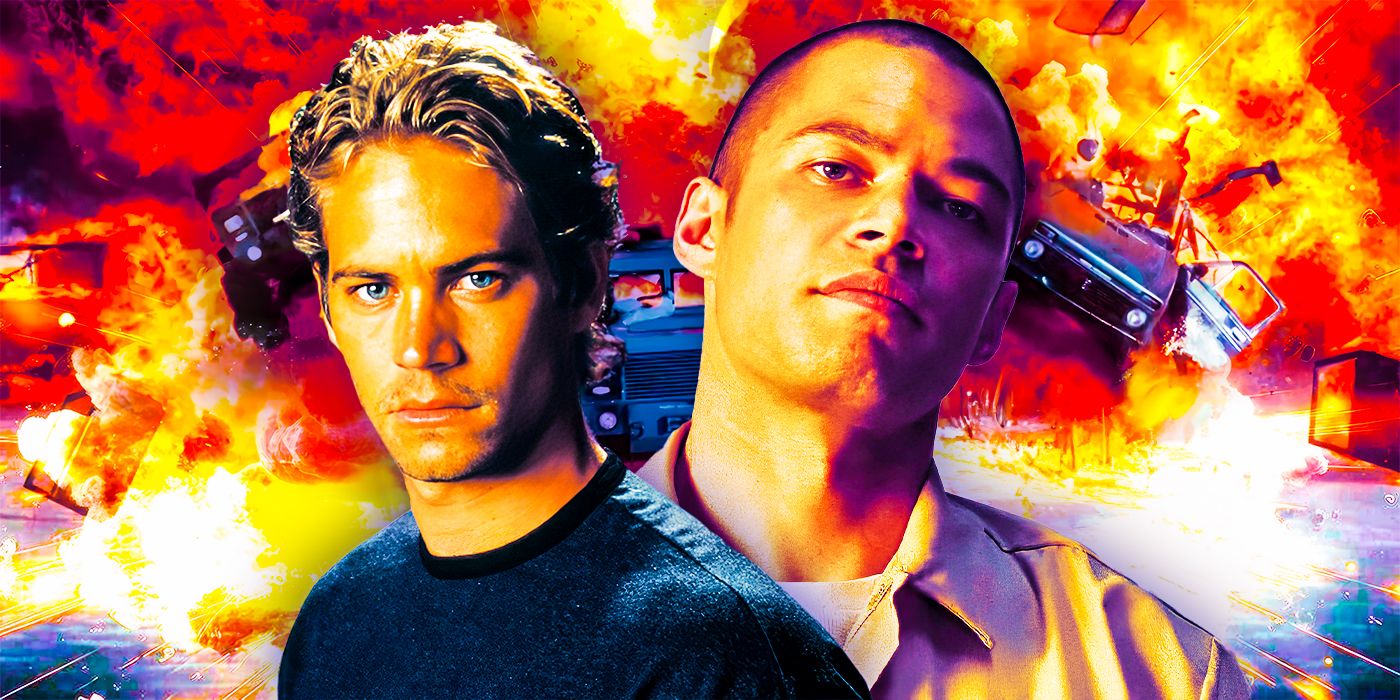 A custom image featuring Brian O'Conner and a young Dominic Toretto in front of exploding cars