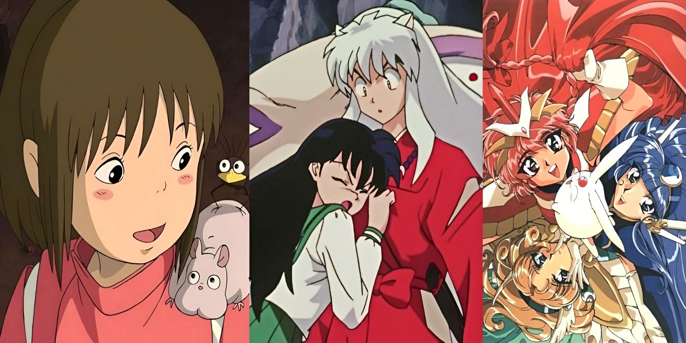 Three panels show a girl with a mouse on her shoulder from Spiried Away, Inuyasha making a confused face while Kagome embraces him, and three girls looking up.