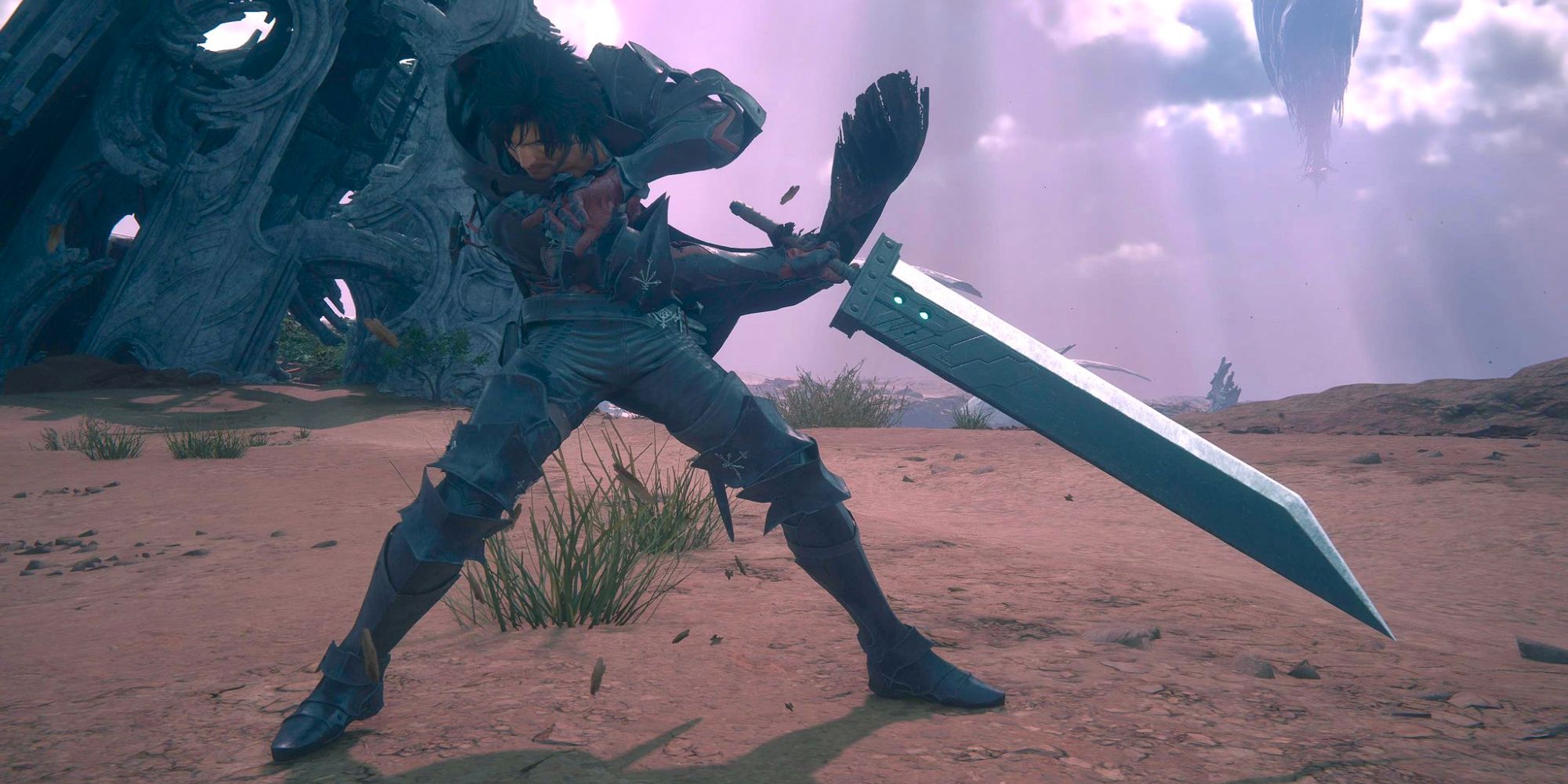 Clive winds up a swing with the Buster Sword in a screenshot from FF16.