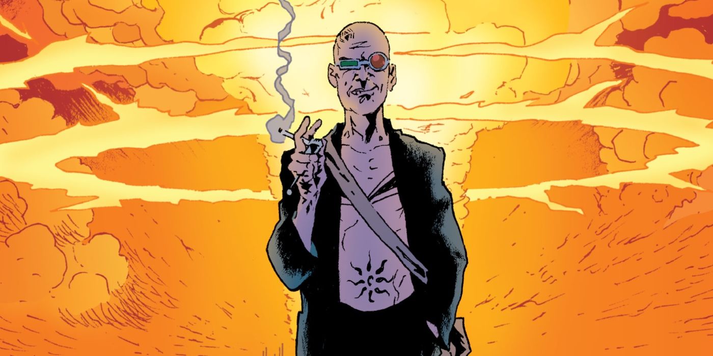 Spider Jerusalem walking through a city on fire.
