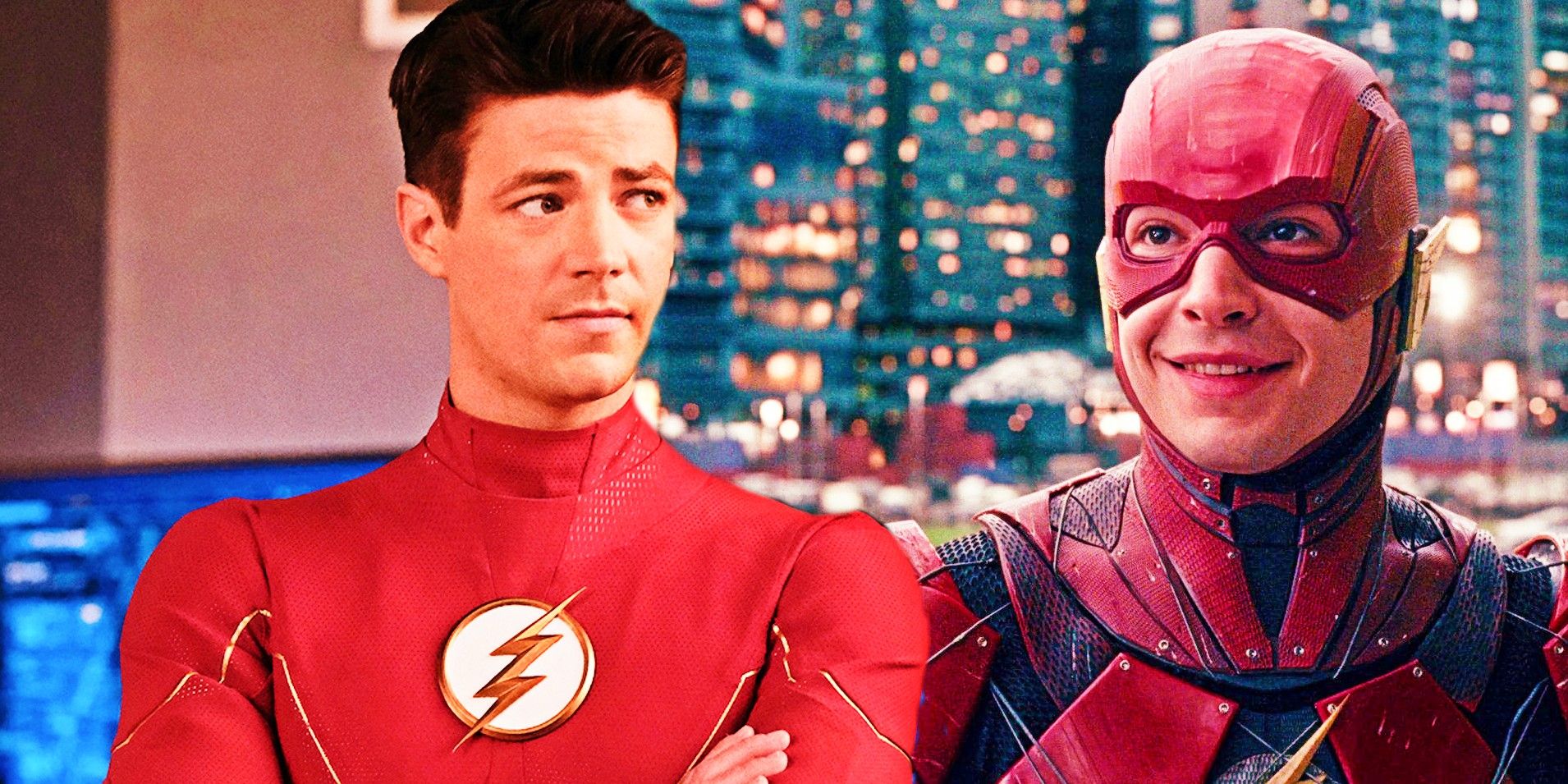 Grant Gustin and Ezra Miller as The Flash in the Arroverse and the DCEU respectively