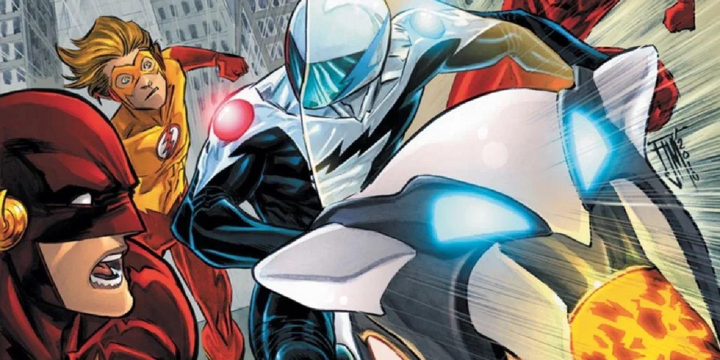 The Cosmic motorcycle driving next to Flash and Kid Flash