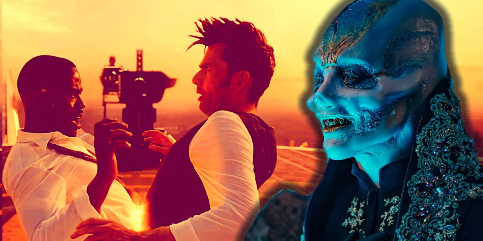 This collage shows Swarm from Doctor Who Flux looking over at the Doctor bi-generating in