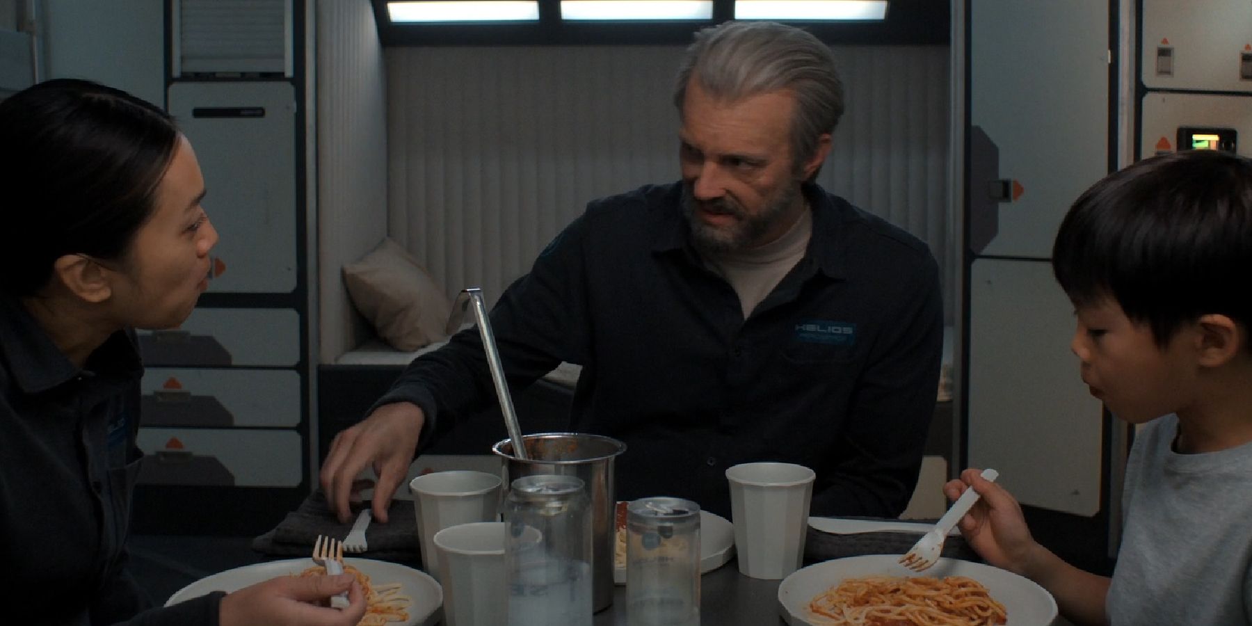 Cynthy Wu and Joel Kinnaman eat spaghetti in For All Mankind