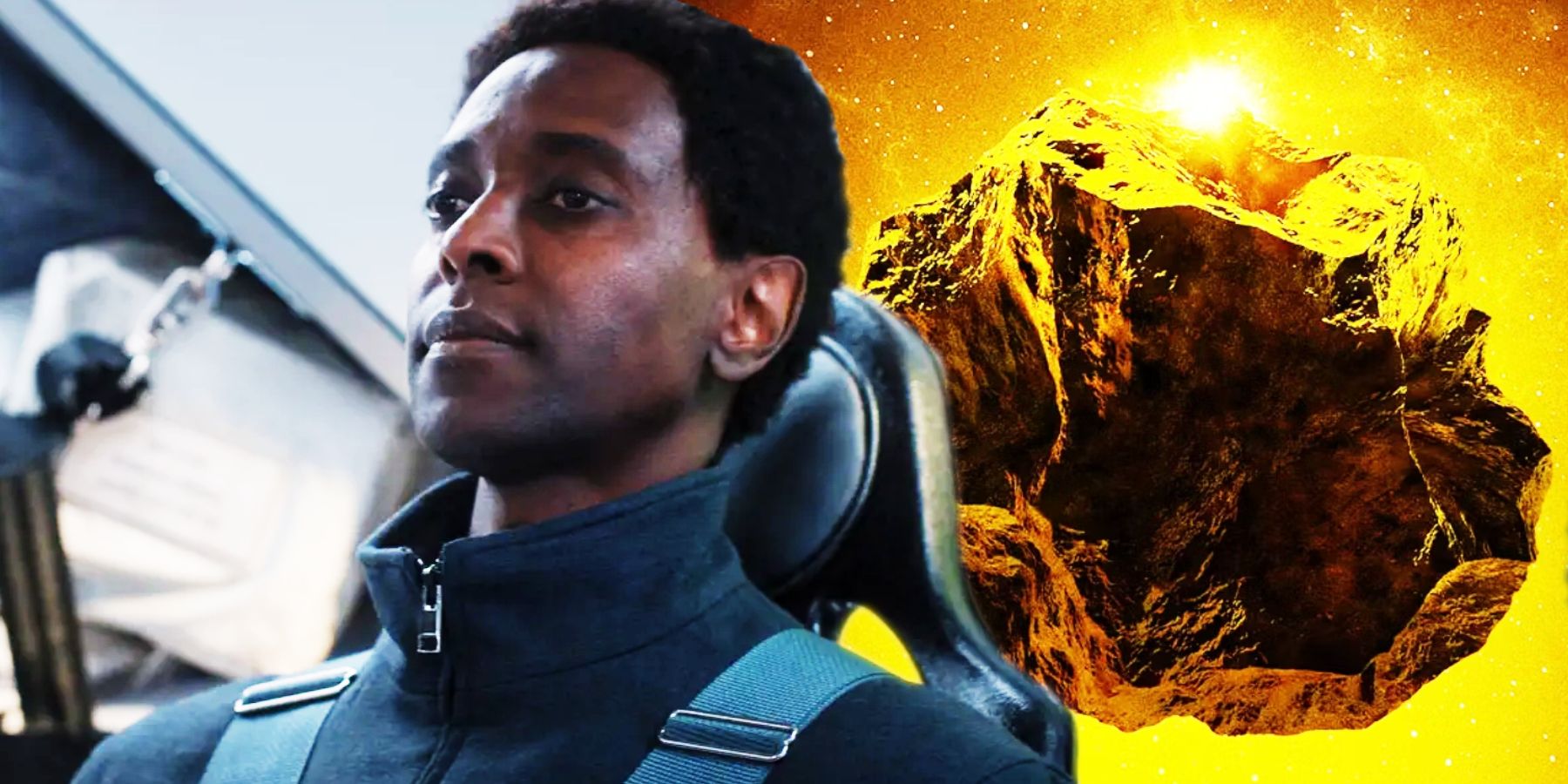 Dev sat in a spaceship with a golden asteroid behind him