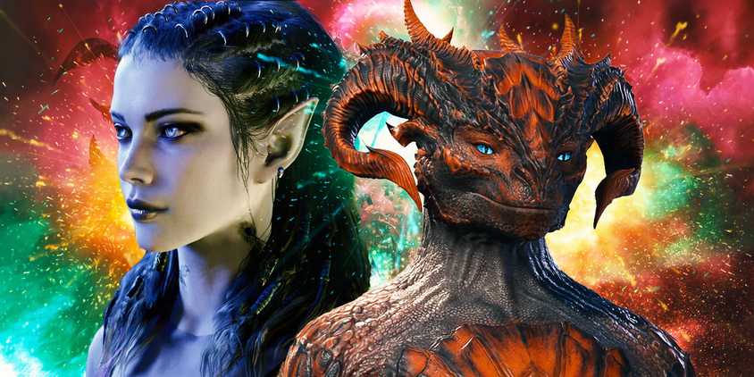 Baldur's Gate 3 Dragonborn and Elf on a Space Background