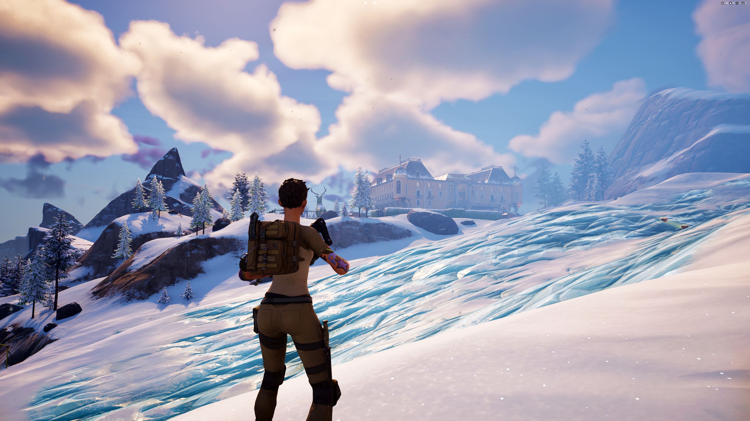 Fortnite Chapter 5 Season 1 Player Looking At Grand Glacier Hotel Across Large Glacier