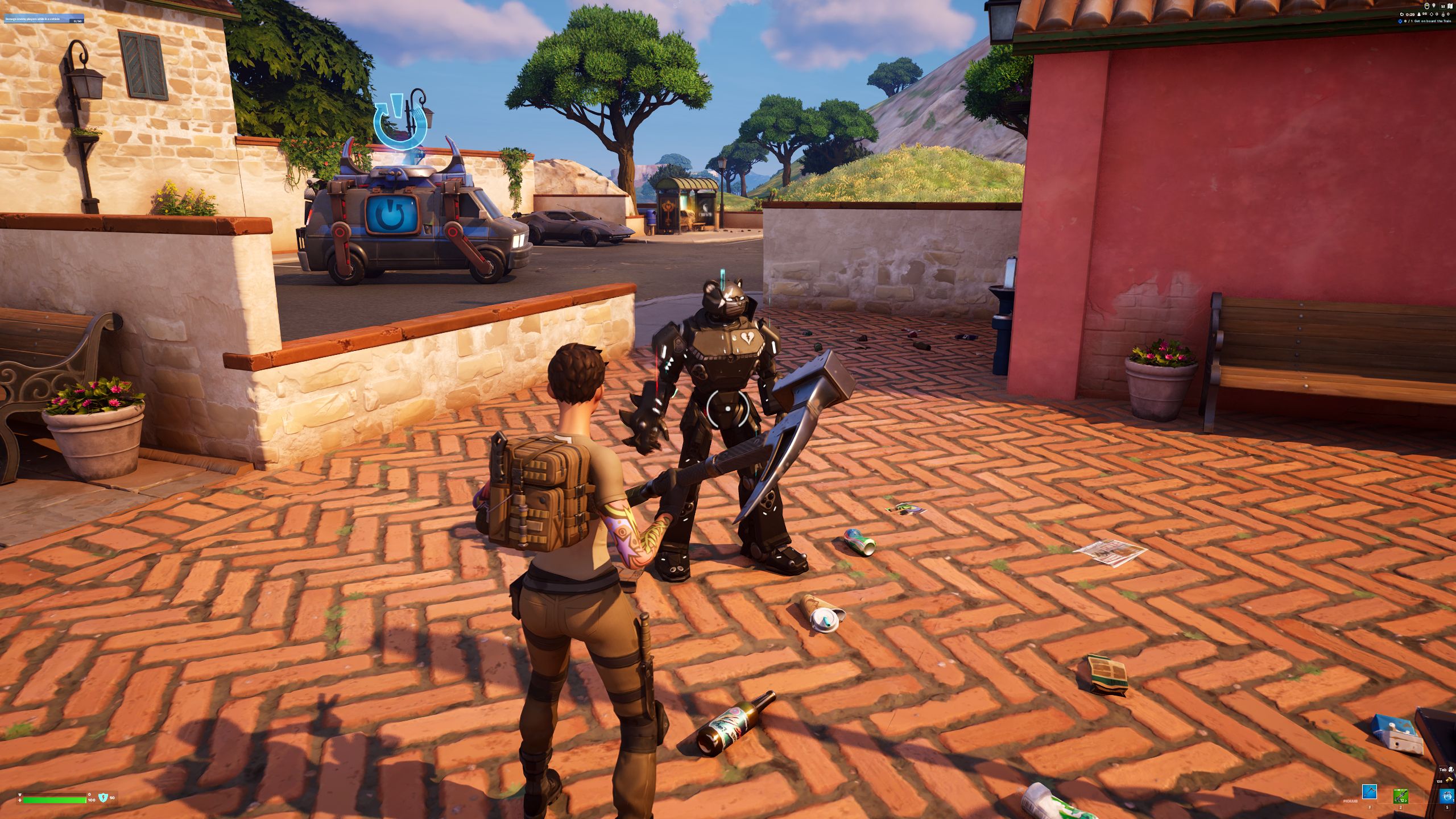 Fortnite Chapter 5 Season 1 Player Visiting Mecha Team Shadow NPC At Railway Station In Grassy Field