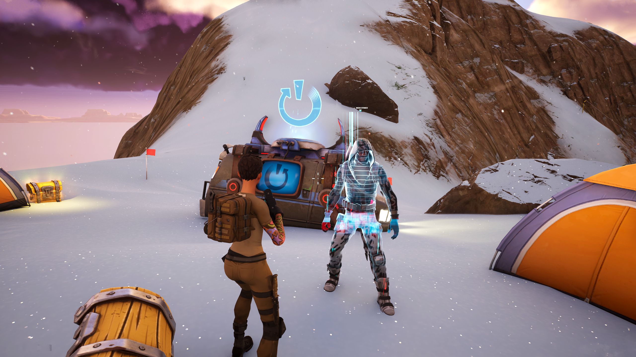 Fortnite Chapter 5 Season 1 Player Visiting Snow Striker NPC On Snowy Mountainside Slope Camp At Sunset