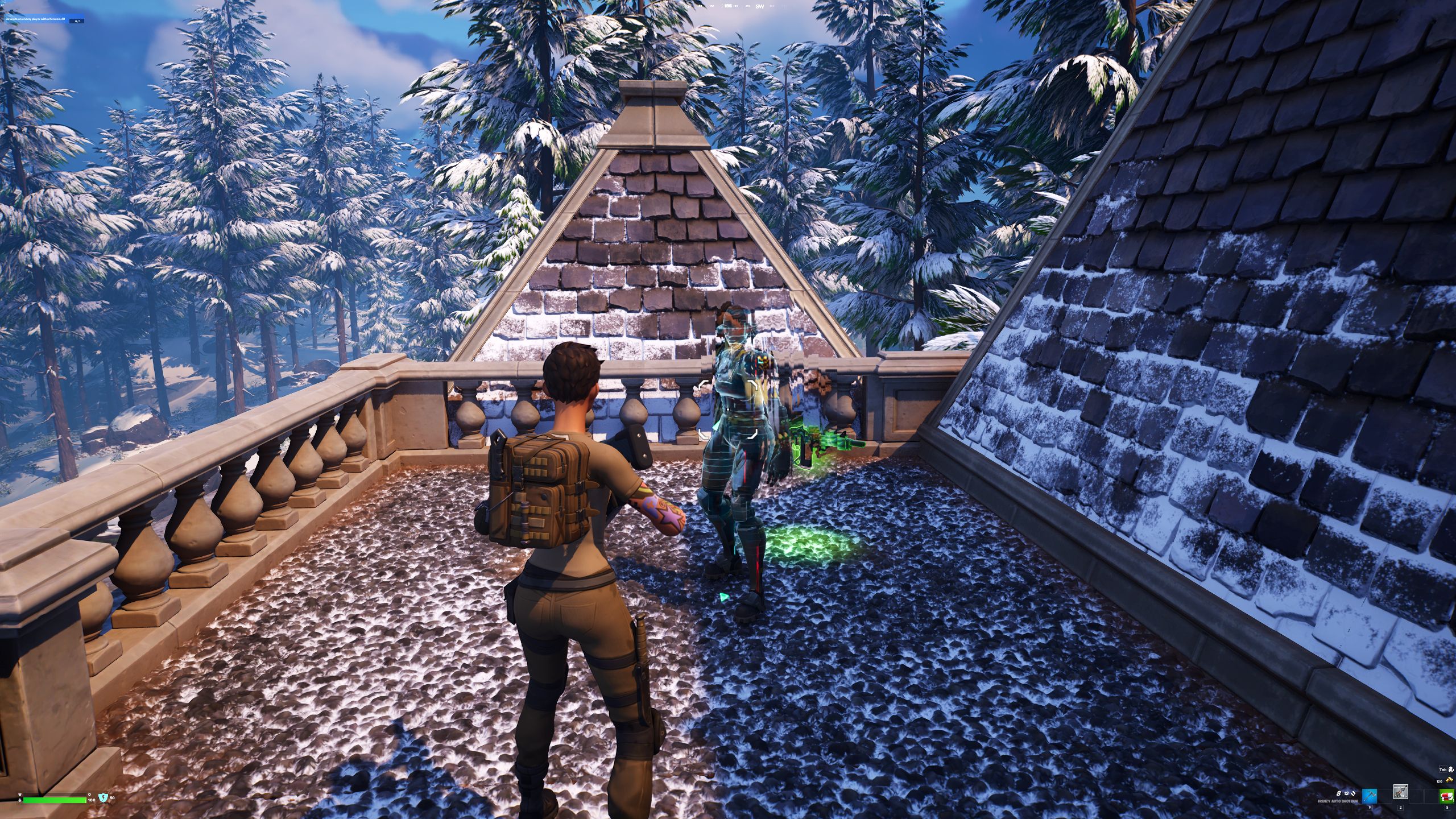 Fortnite Chapter 5 Season 1 Player Visiting Steelsight NPC On Rooftop Of House In Snowy Forest