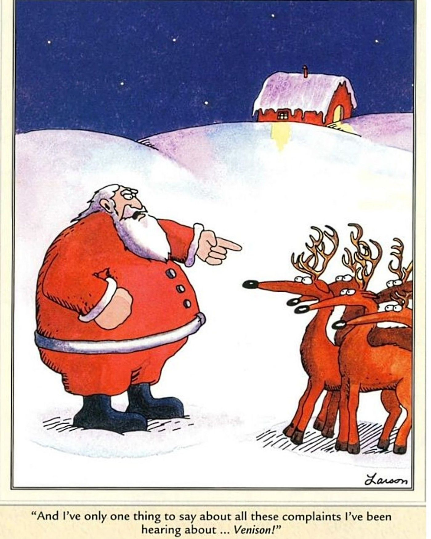 Far Side: Santa threatens to butcher his reindeer