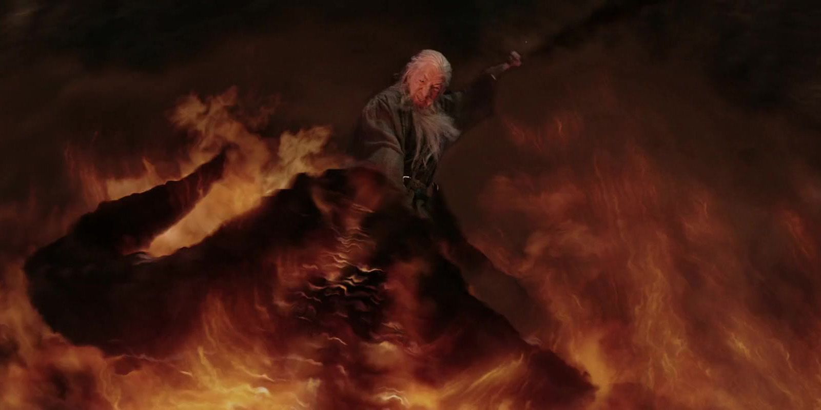 Ian McKellen as Gandalf fighting Balrog while falling in Lord of the Rings The Two Towers