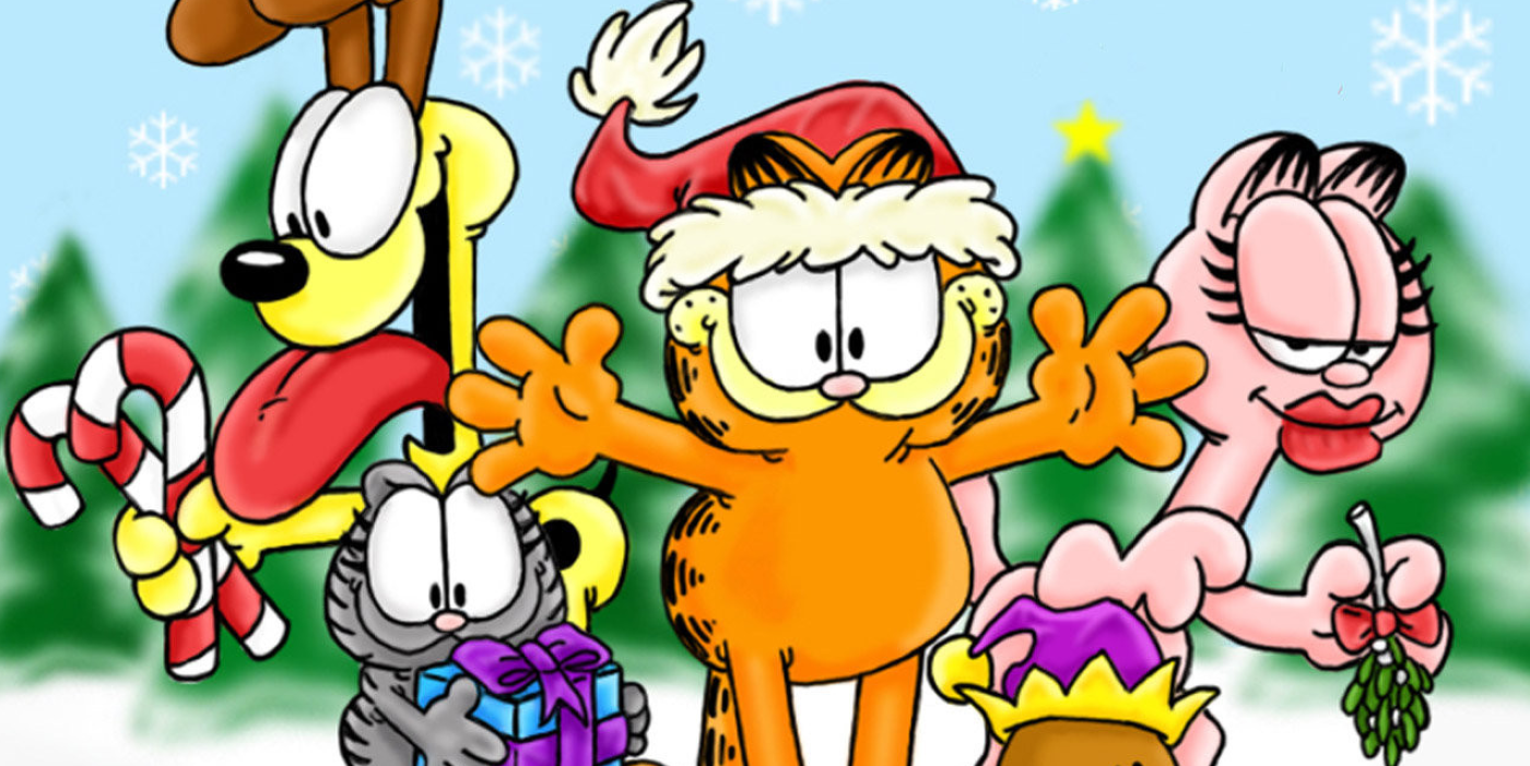 Garfield celebrating Christmas with Odie, Nermal, and Arlene