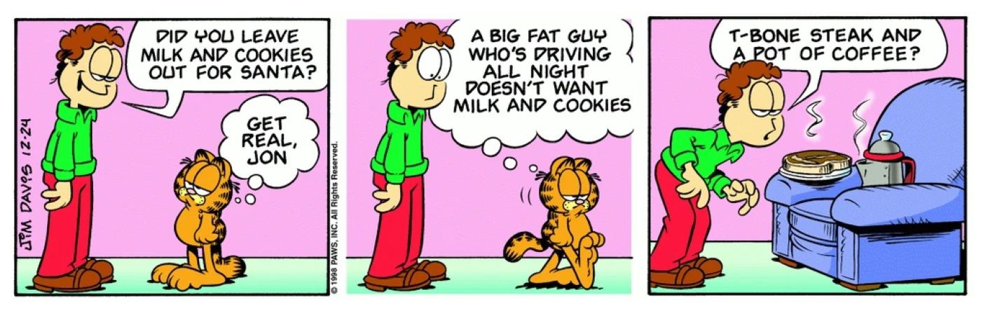 Garfield puts out a T-Bone Steak and Coffee for santa