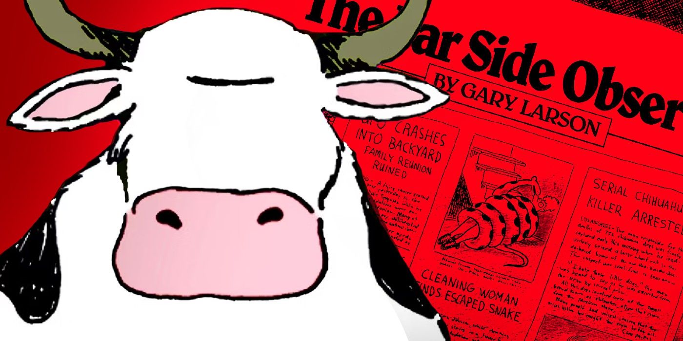 gary larson's the far side cow on background of newspaper