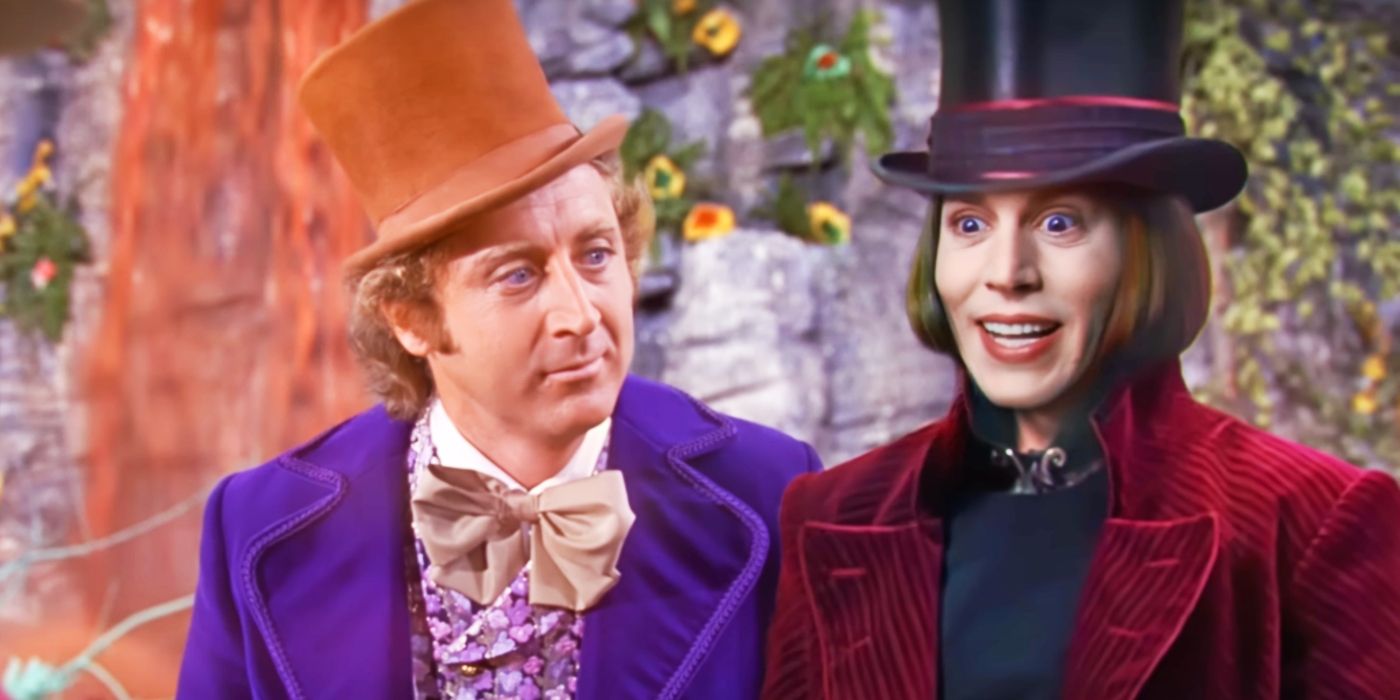 Gene Wilder as Willy Wonka standing next to Johnny Depp as Willy Wonka