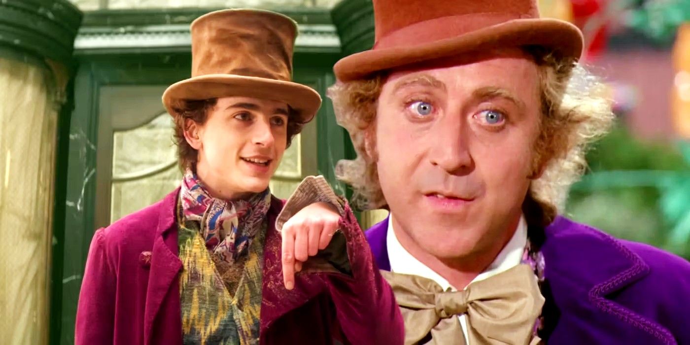Gene Wilder looking straight ahead in Willy Wonka and the Chocolate Factor and Timothee Chalamet pointing down in Wonka