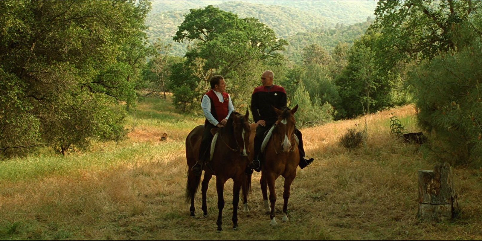 Star Trek Generations. William Shatner as Captain James T. Kirk and Patrick Stewart as Captain Jean-Luc Picard. On horseback in Nexus.