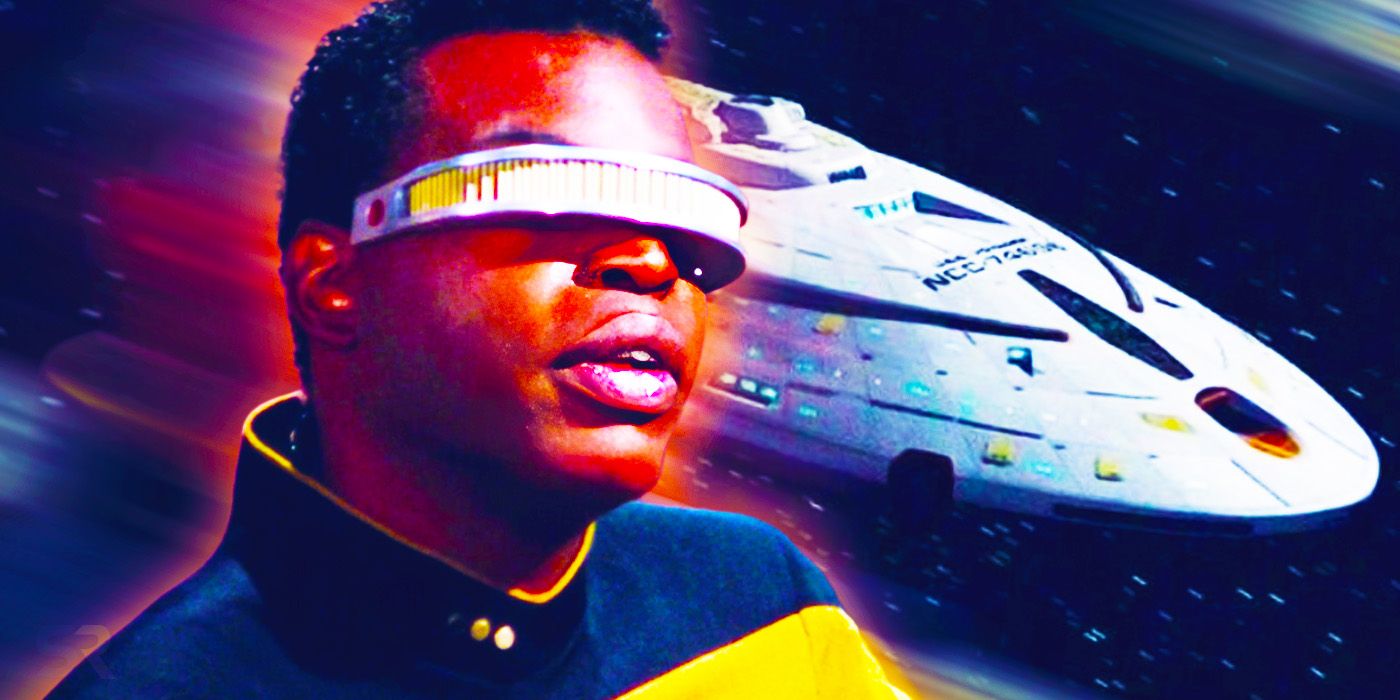 Geordi La Forge from Star Trek: The Next Generation looks up off-screen while the USS Voyager flies through space in the background.