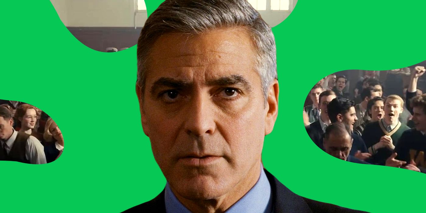 George Clooney from The Ides of March in Front of a Rotten Tomatoes Splat with a The Boys in the Boat Background