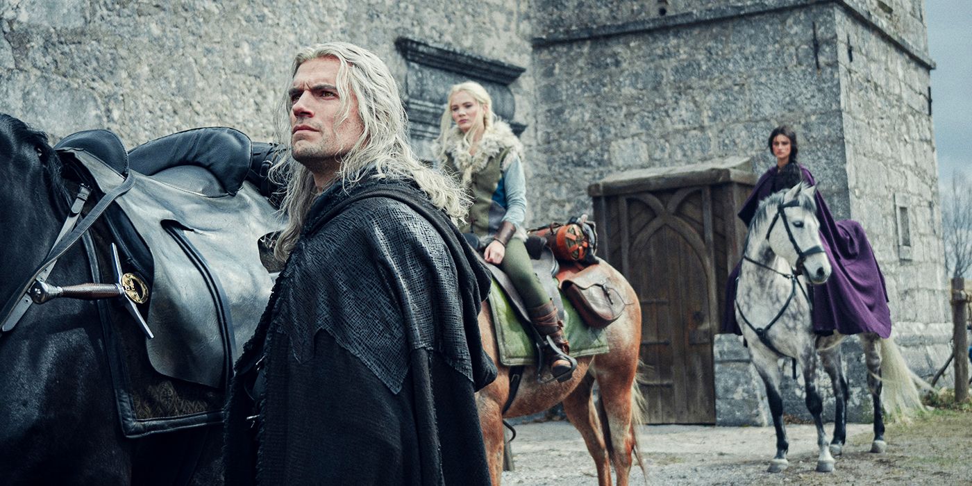 Geralt (Henry Cavill) in front of Ciri (Freya Allan) and Yennefer (Anya Chalotra) riding horses in The Witcher season 3