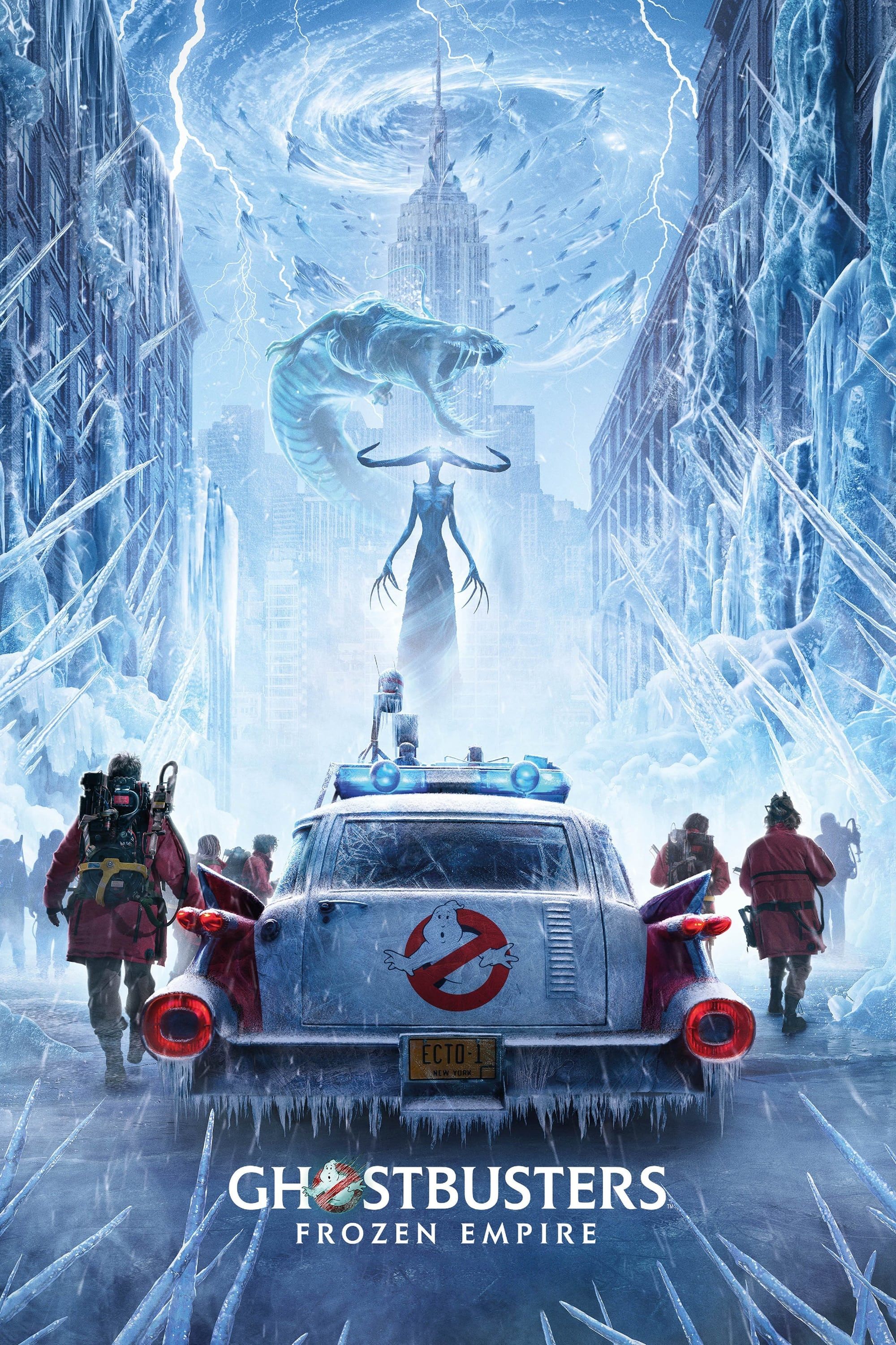 Ghostbusters Frozen Empire Poster Featuring the Crew Steppingout of Ecto 1 and Facing Ice Creatures in New York