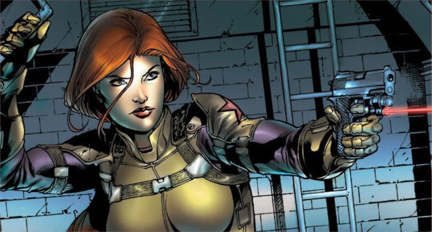 G.I. Joe member Scarlett, pointing a pistol with a laser scope