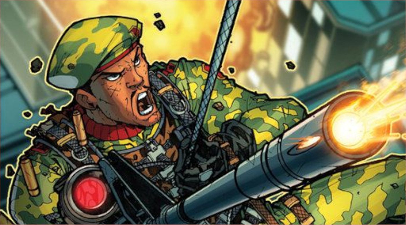 G.I. Joe&rsquo;s Stalker, firing an automatic rifle, while shouting a battle cry