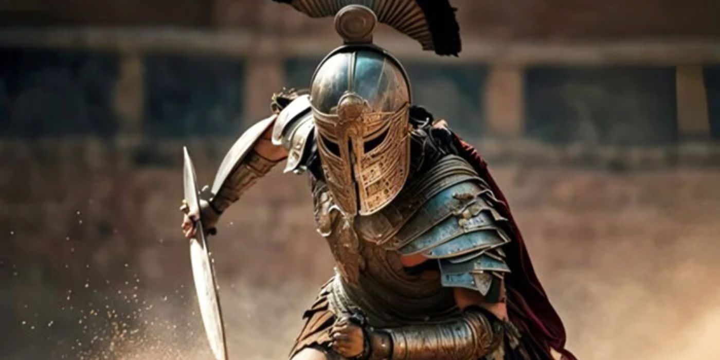 Gladiator 2 - A gladiator in full armor rushing towards something