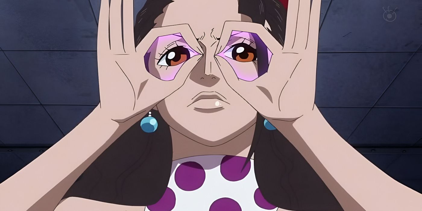 A woman makes circles with her thumb and index finger and places them in front of her eyes like glasses.