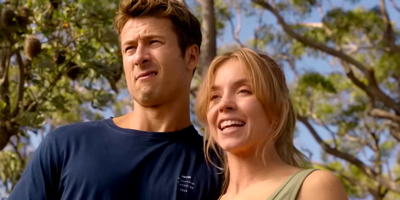 Glen Powell as Ben Grimacing While Sydney Sweeney as Bea Smiles in Anyone But You