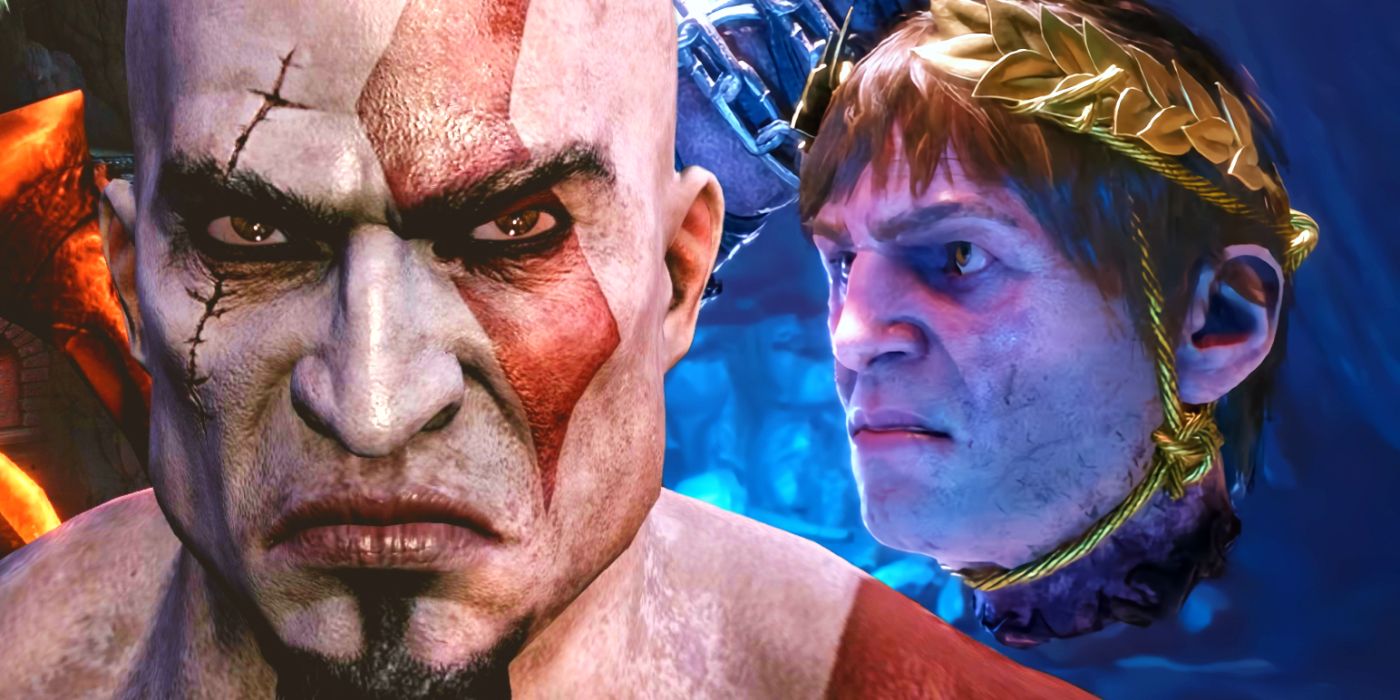 A close-up on Kratos from God of War 3 next to Helios' head in God of War Ragnarok: Valhalla.