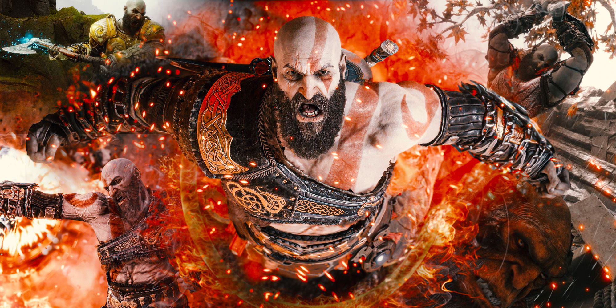 In the center of the image is Kratos, activating his Spartan Rage, looking up toward the camera, yelling, and surrounded by red, flame-like miasma. Around the edges of the image are various scenes of Kratos in combat.