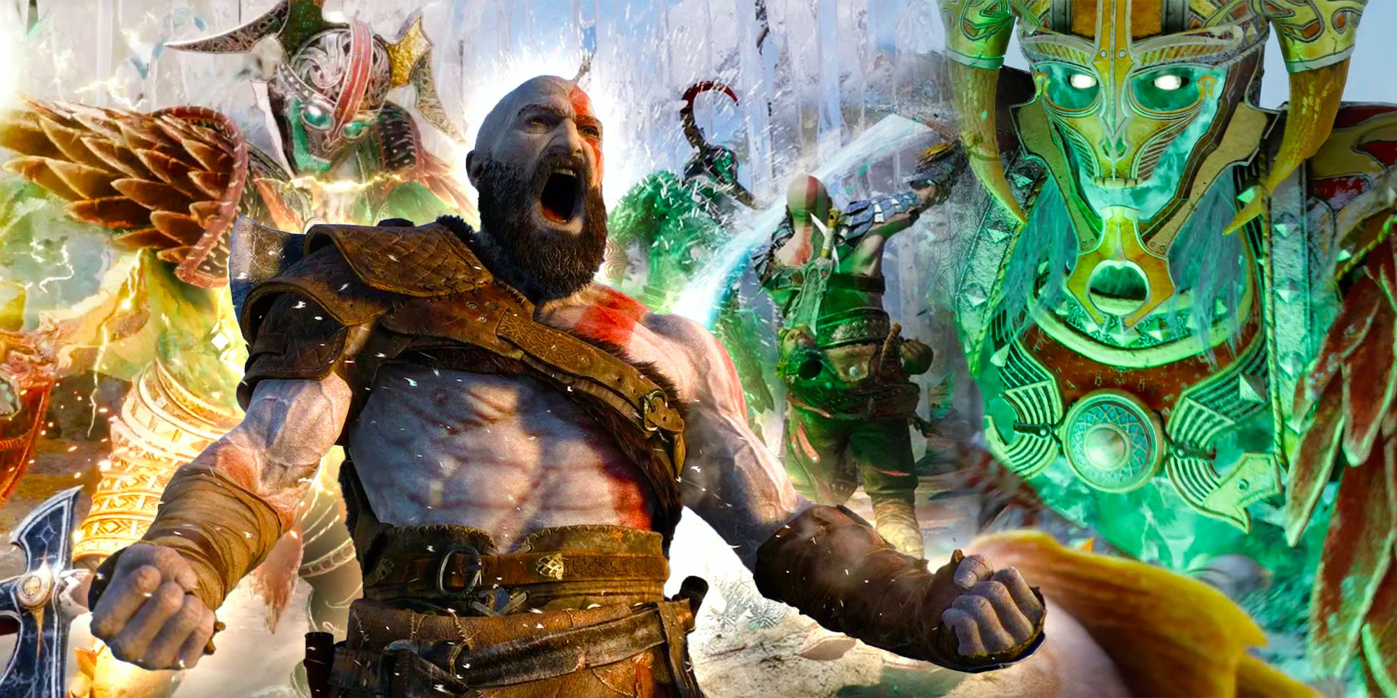 Kratos screaming with his arms to his sides with bosses from God Of War behind him. 
