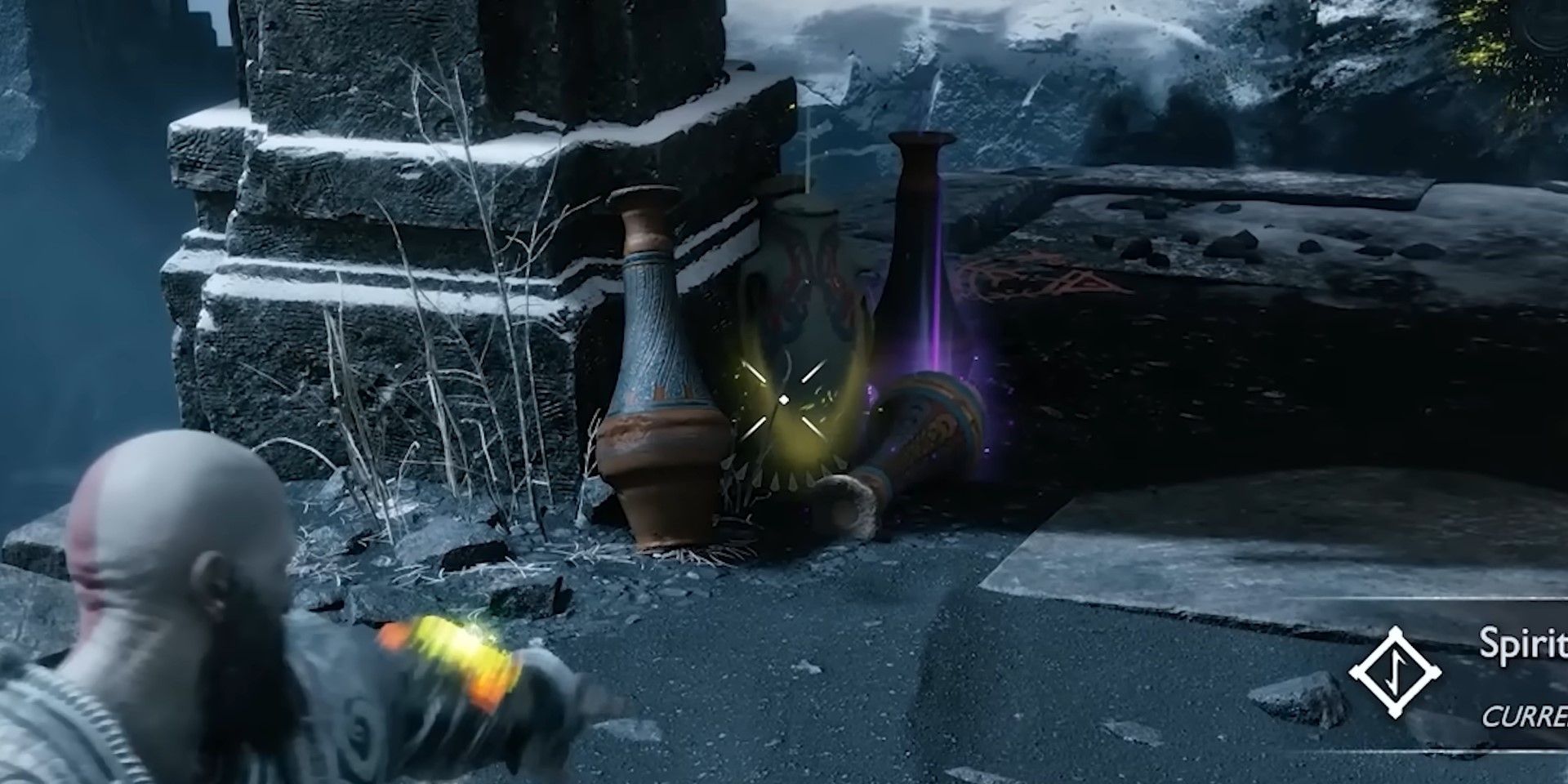 Kratos smashing glowing pots in God of War Ragnarok Valhalla.