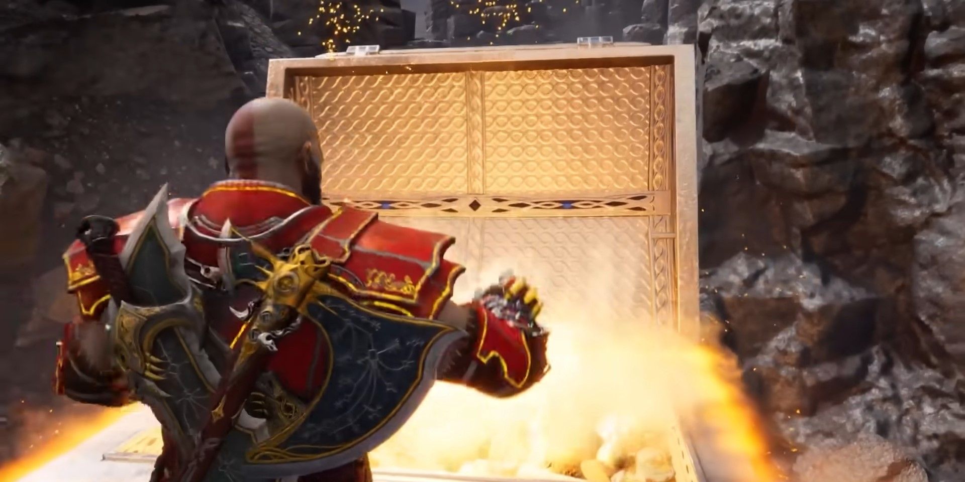 Kratos opening a Legendary Chest in God of War Ragnarok Valhalla.