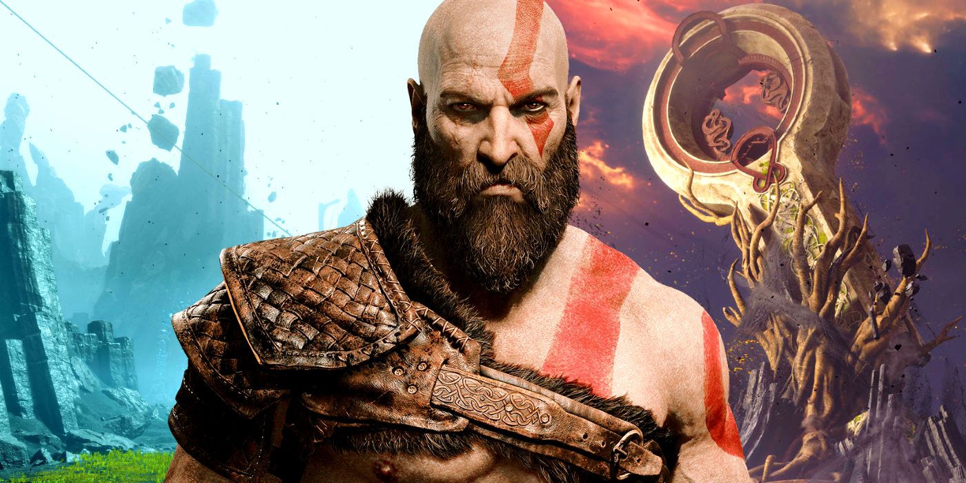 A bearded man with ash-white skin and red tattoos is centered. On the left is a strange landscape where pillars of rock jut out of the ground; some boulders are floating. On the right is a massive stone ring structure, surrounded by what looks like tree roots, growing vertically up around it.