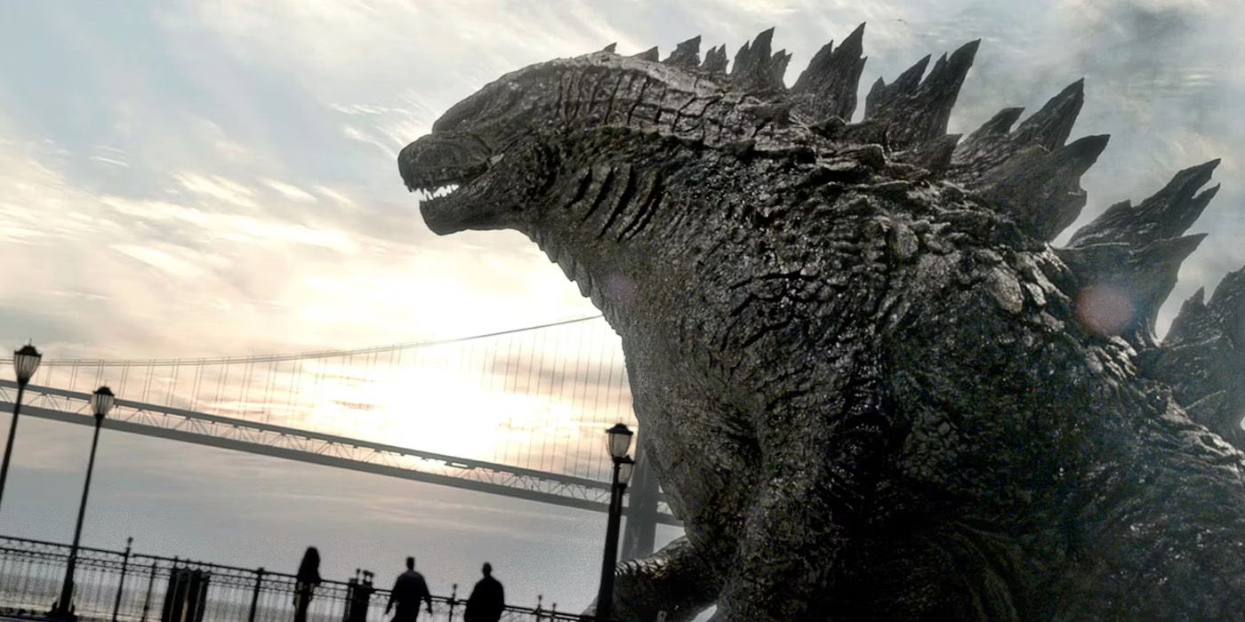 Godzilla coming out of the water in the 2014 movie