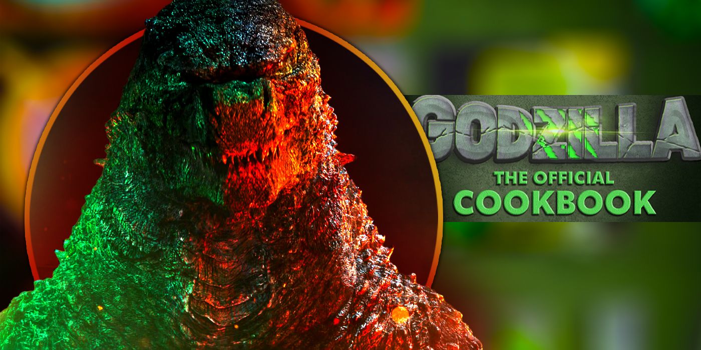 Godzilla looking menacing and Godzilla Cookbook Exclusive header