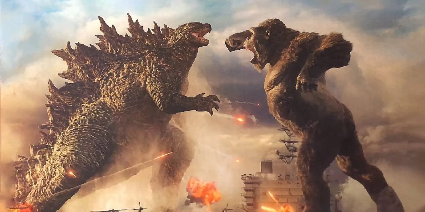 Godzilla e Kong correndo um em direção ao outro em Godzilla vs Kong