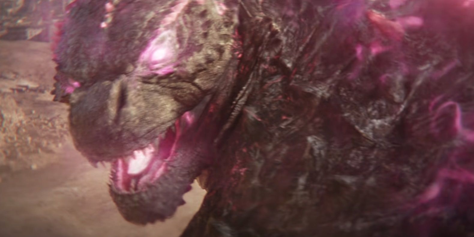 Godzilla with glowing pink eyes in Godzilla x Kong